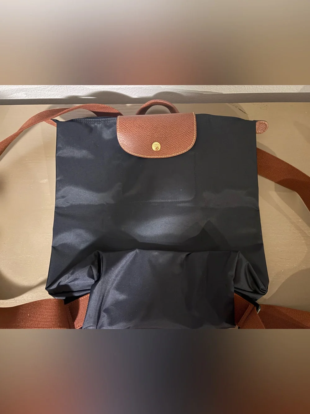 Longchamp Black Nylon Backpack with Brown Leather Trim